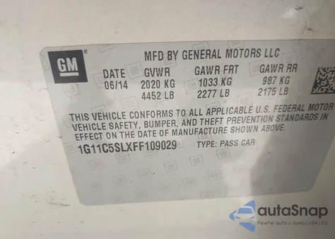 2015 Chevrolet Malibu 1Lt z USA, uszkodzony, nr VIN 1G11C5SLXFF109029